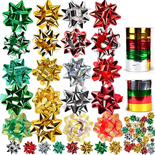 JOYIN 54 PCS Christmas Gift Bows and Gift Ribbons with 46 Multi-Colored Assorted Size Self Adhesive Gift Bows and 8 Rolls of Curling Ribbons for Gift, Present Wrapping Decoration