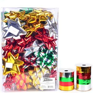 JOYIN 54 PCS Christmas Gift Bows and Gift Ribbons with 46 Multi-Colored Assorted Size Self Adhesive Gift Bows and 8 Rolls of Curling Ribbons for Gift, Present Wrapping Decoration