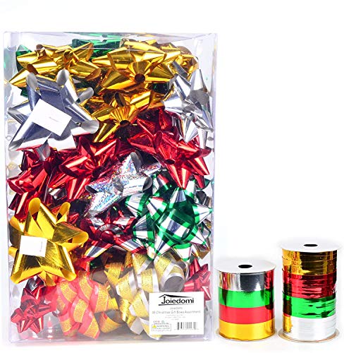 JOYIN 54 PCS Christmas Gift Bows and Gift Ribbons with 46 Multi-Colored Assorted Size Self Adhesive Gift Bows and 8 Rolls of Curling Ribbons for Gift, Present Wrapping Decoration