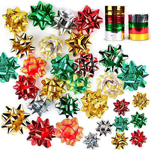 JOYIN 54 PCS Christmas Gift Bows and Gift Ribbons with 46 Multi-Colored Assorted Size Self Adhesive Gift Bows and 8 Rolls of Curling Ribbons for Gift, Present Wrapping Decoration