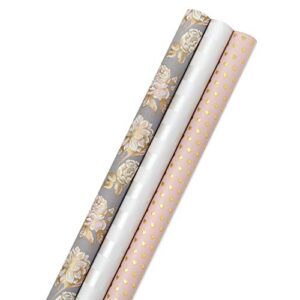 hallmark premium wrapping paper with cut lines on reverse (3 rolls: 85 sq. ft. ttl) gold hearts, rose flowers, white stripes for birthdays, weddings, mother’s day, valentine’s day, bridal showers