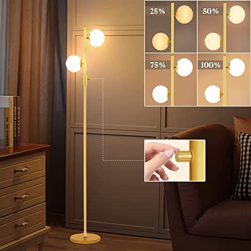 Dimmable Gold Globe Floor Lamp,Mid Century Modern Globe Lamp with 0%-100% Brightness 2pcs G9 LED Bulbs (Included) Plastic Shatterproof Lampshade,Tree Tall Lamps for Living Room/Bedroom/Sofa Corne