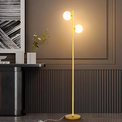 Dimmable Gold Globe Floor Lamp,Mid Century Modern Globe Lamp with 0%-100% Brightness 2pcs G9 LED Bulbs (Included) Plastic Shatterproof Lampshade,Tree Tall Lamps for Living Room/Bedroom/Sofa Corne