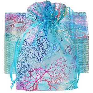 yekoleyo 50pcs 5x7 inches coral pattern organza drawstring gift bags blue organza pouch for jewelry candy chocolate party christmas baby shower wedding favor gift bags