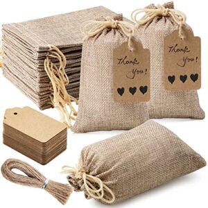 homum 25pcs premium burlap gift bags with drawstring and 25pcs gift tags & string, 4×6 inch reusable gift bags, burlap bags, linen sacks bag for wedding favors party jewelry pouches, christmas, coffee, diy craft bags
