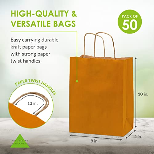 Orange Gift Bags - 8x4x10 Inch 50 Pack Kraft Paper Shopping Bags with Handles, Small Craft Totes in Bulk for Boutiques, Small Business, Retail Stores, Birthday Parties, Jewelry, Merchandise, Bulk