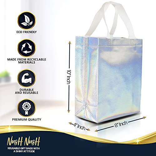 Nush Nush Iridescent Gift Bags Medium Size – Set of 12 Stunning Reusable Holographic Gift Bags With White Handles - Perfect As Goodie Bags, Birthday Gift Bags, Party Favor Bags – 8Wx4Dx10H Size