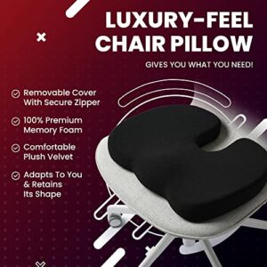 Seat Cushion Pillow - Orthopedic Design - 100% Memory Foam Supports & Protects Sciatica, Coccyx, Tailbone Pain Back Support -Ideal for Home Office Chair, or Car Driver (Black)