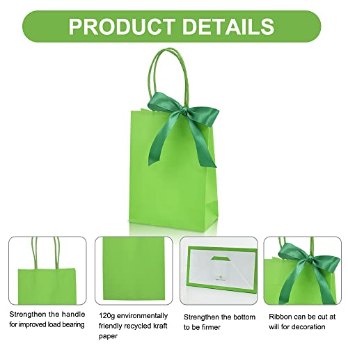 BEISHIDA Gift Bags Green Small Gift Bags Paper Bags with Handles and Ribbon Party Favor Bags Goodie Bags Kraft Paper Bags for Wedding Brithday Parties(Mini, 6.5 x 4.5 x 2.5 Inch, 12PCS)