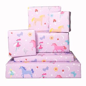 central 23 – fairies and unicorn wrapping paper – 6 sheets of mystical gift wrap for girls – cute butterfly and flowers for her – pink purple birthday giftwrap – recyclable