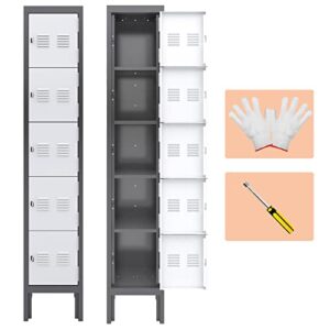 kaer metal lockers for employees,5-tier storage locker,locker cabinet for home gym office school garage with mirror,screwdriver,gloves,unassembled (grey+white, 5-tier)