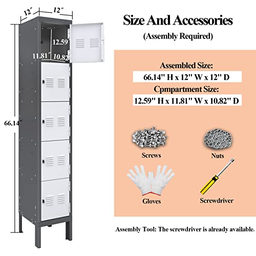 KAER Metal Lockers for Employees,5-Tier Storage Locker,Locker Cabinet for Home Gym Office School Garage with Mirror,Screwdriver,Gloves,Unassembled (Grey+White, 5-Tier)