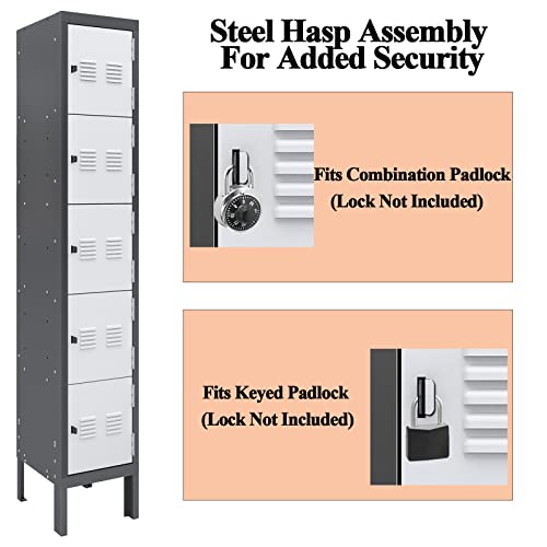 KAER Metal Lockers for Employees,5-Tier Storage Locker,Locker Cabinet for Home Gym Office School Garage with Mirror,Screwdriver,Gloves,Unassembled (Grey+White, 5-Tier)