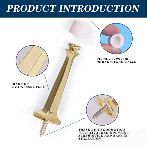 3 Inch Heavy Duty Solid Rigid Metal Gold Door Stop with Soft Rubber Tip, Protect Wall & Door,10 Pack