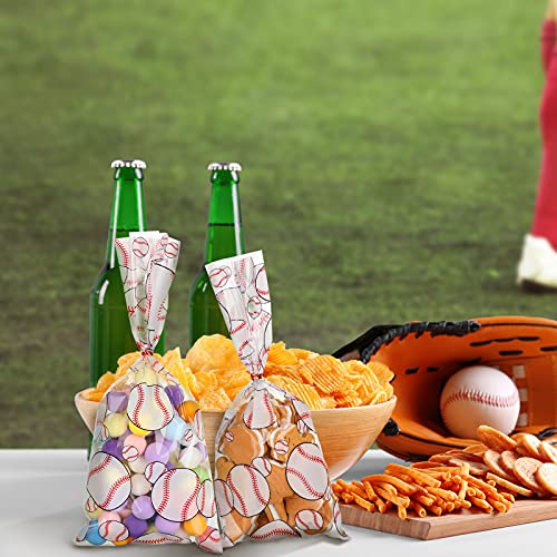 Outus 100 Pieces Baseball Party Treat Bags Baseball Candy Bags Baseball Cellophane Bags Baseball Goodie Bags Sports Treat Bags with 150 Pieces Red Twist Ties for Baseball Party Favors