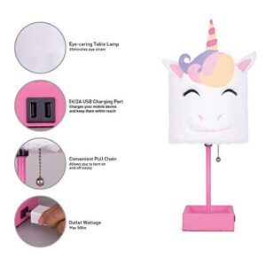 inno casa Table Lamp Cute Unicorn Plush Shade Desk Lights for Gifts with 2 USB Charging Ports and 1 Power Outlet for Bedroom Reading & Living Room