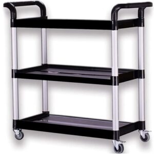 agtagues 3-tier rolling cart, restaurant cart with shelf, wheels & brakes, food service cart, heavy duty plastic utility cart for warehouse/kitchen/office/garage, 31.5” x15.8”x38.1” (black)