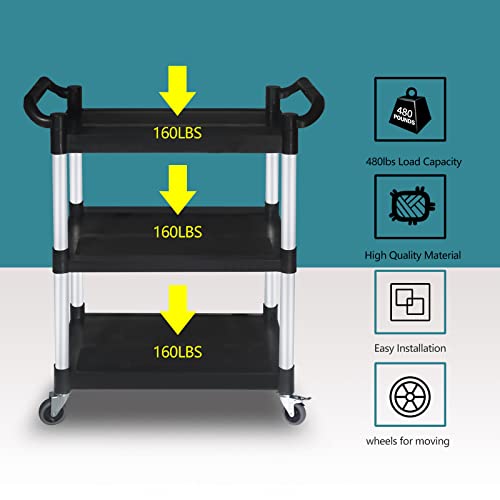 AGTAGUES 3-Tier Rolling Cart, Restaurant Cart with Shelf, Wheels & Brakes, Food Service Cart, Heavy Duty Plastic Utility Cart for Warehouse/Kitchen/Office/Garage, 31.5'' x15.8''x38.1'' (Black)