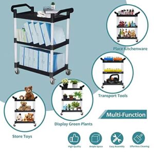 AGTAGUES 3-Tier Rolling Cart, Restaurant Cart with Shelf, Wheels & Brakes, Food Service Cart, Heavy Duty Plastic Utility Cart for Warehouse/Kitchen/Office/Garage, 31.5'' x15.8''x38.1'' (Black)