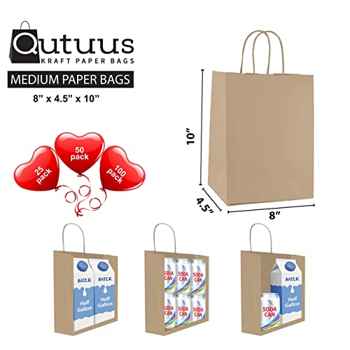 Qutuus Kraft Paper Bags with Handles Bulk 8x4.5x10 100 pcs Brown Paper Gift Bags Bulk Medium Size Kraft Bags, Brown Bags, Shopping Bags, Retail Bags, Craft Bags for Small Business