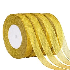 hapeper 4 rolls 3/5 inch metallic glitter ribbons for gift wrapping crafts birthday wedding pary decoration , 100 yards in total (golden)