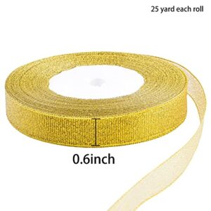Hapeper 4 Rolls 3/5 Inch Metallic Glitter Ribbons for Gift Wrapping Crafts Birthday Wedding Pary Decoration , 100 Yards in Total (Golden)