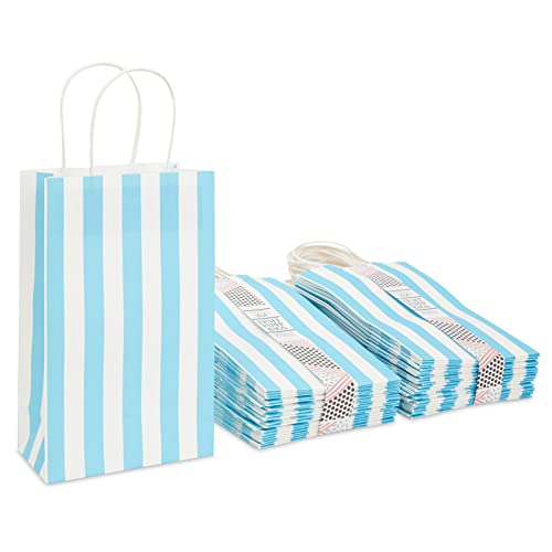 Sparkle and Bash Light Blue Striped Party Favor Gift Bags with Handles for Boys Baby Showers (50 Pack)