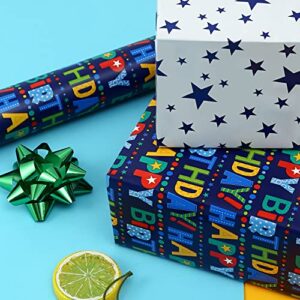 AUCLAY Reversible Birthday Wrapping Paper for Boys Girls Kids Adults Baby Shower Holiday - Colorful Happy Birthday Lettering and Stars Design - Gift Wrapping Paper Roll, 17.7 Inch X 33 Feet