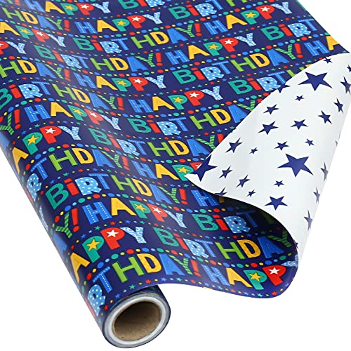 AUCLAY Reversible Birthday Wrapping Paper for Boys Girls Kids Adults Baby Shower Holiday - Colorful Happy Birthday Lettering and Stars Design - Gift Wrapping Paper Roll, 17.7 Inch X 33 Feet