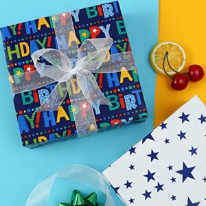 AUCLAY Reversible Birthday Wrapping Paper for Boys Girls Kids Adults Baby Shower Holiday - Colorful Happy Birthday Lettering and Stars Design - Gift Wrapping Paper Roll, 17.7 Inch X 33 Feet