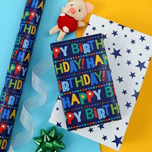 AUCLAY Reversible Birthday Wrapping Paper for Boys Girls Kids Adults Baby Shower Holiday - Colorful Happy Birthday Lettering and Stars Design - Gift Wrapping Paper Roll, 17.7 Inch X 33 Feet