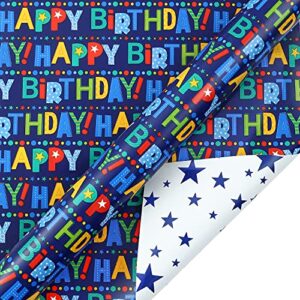 AUCLAY Reversible Birthday Wrapping Paper for Boys Girls Kids Adults Baby Shower Holiday - Colorful Happy Birthday Lettering and Stars Design - Gift Wrapping Paper Roll, 17.7 Inch X 33 Feet