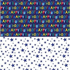 AUCLAY Reversible Birthday Wrapping Paper for Boys Girls Kids Adults Baby Shower Holiday - Colorful Happy Birthday Lettering and Stars Design - Gift Wrapping Paper Roll, 17.7 Inch X 33 Feet