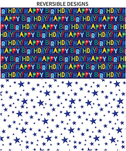 AUCLAY Reversible Birthday Wrapping Paper for Boys Girls Kids Adults Baby Shower Holiday - Colorful Happy Birthday Lettering and Stars Design - Gift Wrapping Paper Roll, 17.7 Inch X 33 Feet