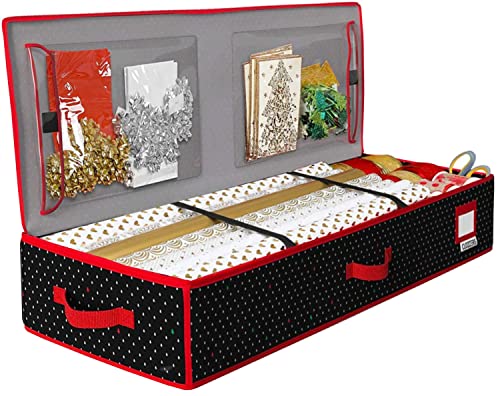 CLOZZERS Wrapping Paper Storage Container, with 2 Large Pockets for Accessories and Supplies, Heavy Duty Wrapping Paper Holder, Tear Resistant and Water Resistant, Fits up to 24 Standard Rolls, Black Tree Print