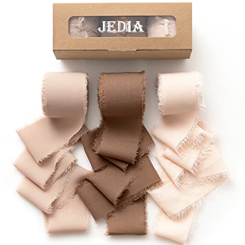 JEDIA Chiffon Ribbon, 3 Rolls Brown Handmade Fringe Chiffon Silk Ribbons, 1.5" x 7Yd Ribbon Set for Gift Wrapping, Wedding Invitations, Bouquet Wrap, Bridal Bouquets, DIY Crafts