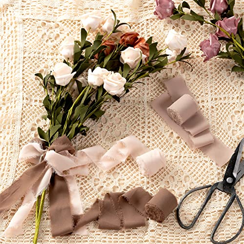 JEDIA Chiffon Ribbon, 3 Rolls Brown Handmade Fringe Chiffon Silk Ribbons, 1.5" x 7Yd Ribbon Set for Gift Wrapping, Wedding Invitations, Bouquet Wrap, Bridal Bouquets, DIY Crafts