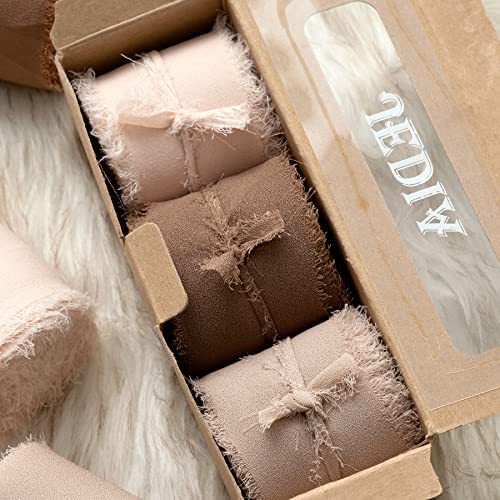 JEDIA Chiffon Ribbon, 3 Rolls Brown Handmade Fringe Chiffon Silk Ribbons, 1.5" x 7Yd Ribbon Set for Gift Wrapping, Wedding Invitations, Bouquet Wrap, Bridal Bouquets, DIY Crafts