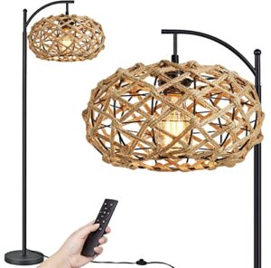qiyizm rattan floor lamp with remote for living room bedroom farmhouse boho dimmable arc standing lamp industrial rustic floor light adjustable black tall lamp corner hand-worked wicker lamp shades