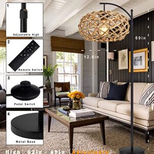 QIYIZM Rattan Floor Lamp with Remote for Living Room Bedroom Farmhouse Boho Dimmable Arc Standing Lamp Industrial Rustic Floor Light Adjustable Black Tall Lamp Corner Hand-Worked Wicker Lamp Shades