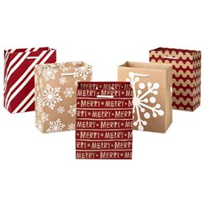 hallmark 6″ small holiday gift bag set (pack of 5; red, white and kraft) snowflakes, stripes, merry