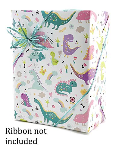 Pink Dinosaur Birthday Party Wrapping Paper, Folded Flat 30 x 20 Inch, 3 Sheets