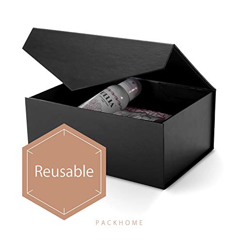 PACKHOME Gift Box 9x6.5x3.8 Inches, Groomsman Box, Rectangle Collapsible Box with Magnetic Lid for Gift Packaging (Matte Black, Grain Texture)