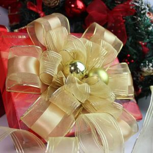 XMRIBBON Wire Edged Ribbon Golden Sheer Edge Satin Ribbon, 2 1/2" x 10 Meters,for Gift Wrapping, Tree Topper, Garland, Christmas Wreath