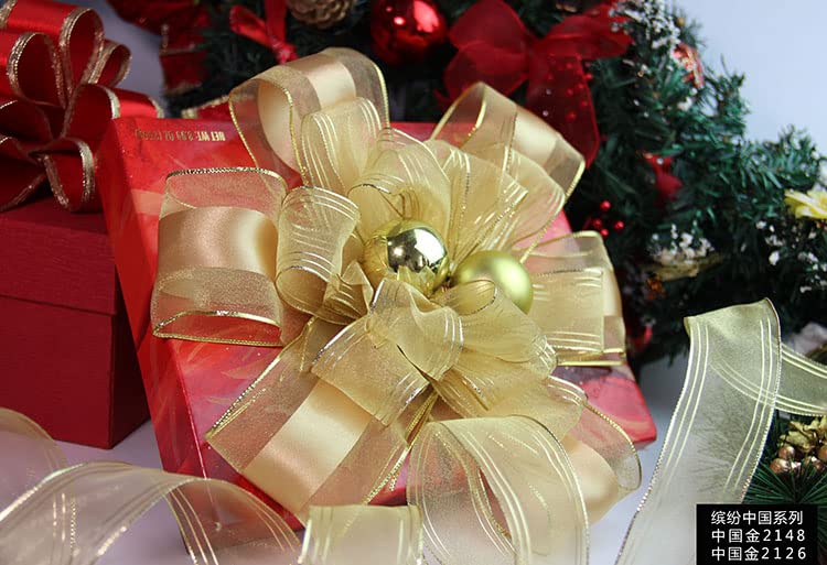 XMRIBBON Wire Edged Ribbon Golden Sheer Edge Satin Ribbon, 2 1/2" x 10 Meters,for Gift Wrapping, Tree Topper, Garland, Christmas Wreath