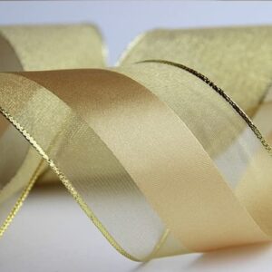 XMRIBBON Wire Edged Ribbon Golden Sheer Edge Satin Ribbon, 2 1/2" x 10 Meters,for Gift Wrapping, Tree Topper, Garland, Christmas Wreath