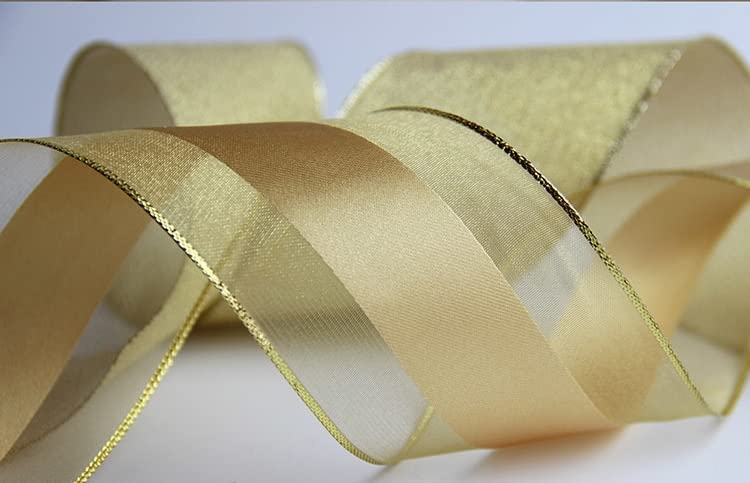 XMRIBBON Wire Edged Ribbon Golden Sheer Edge Satin Ribbon, 2 1/2" x 10 Meters,for Gift Wrapping, Tree Topper, Garland, Christmas Wreath