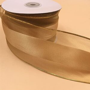 XMRIBBON Wire Edged Ribbon Golden Sheer Edge Satin Ribbon, 2 1/2" x 10 Meters,for Gift Wrapping, Tree Topper, Garland, Christmas Wreath