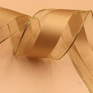 XMRIBBON Wire Edged Ribbon Golden Sheer Edge Satin Ribbon, 2 1/2" x 10 Meters,for Gift Wrapping, Tree Topper, Garland, Christmas Wreath