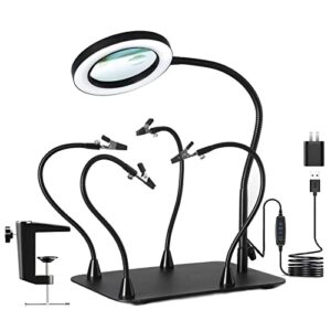 5x&10x magnifying glass with light and stand, kuvrs flexible magnetic helping hand, large base&clamp magnifying lamp, 3 color adjustable arm desk magnifying glass with light for soldering craft hobby